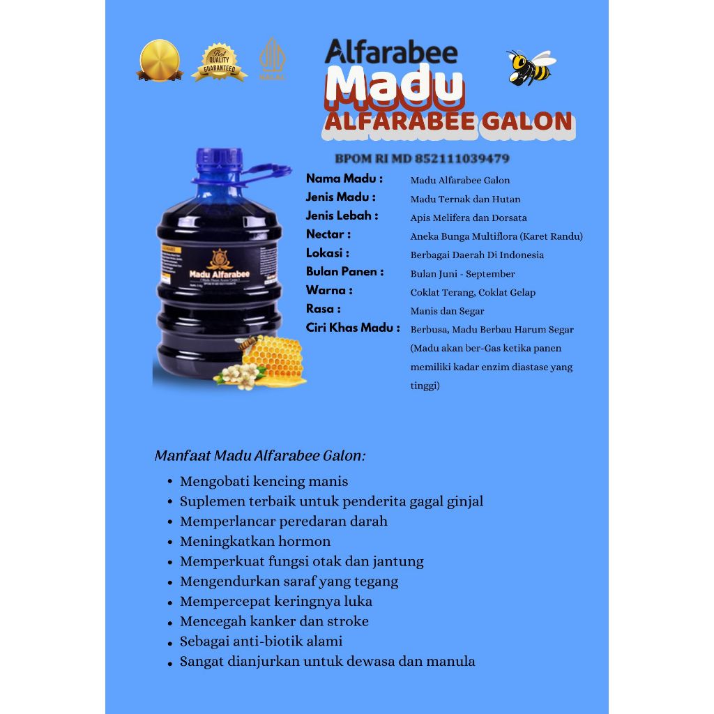 

Madu Alfarabee Galon - Madu Murni Ternak & Hutan 3kg, Rasa Segar, BPOM & Halal