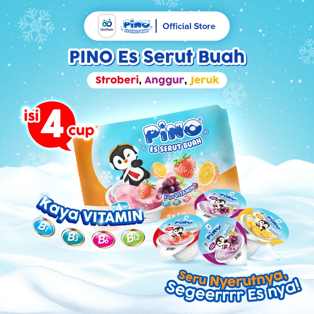 

Pino Es Serut Buah 1 Bag (Isi 4 Cup) - Anggur, Strawberry, Jeruk