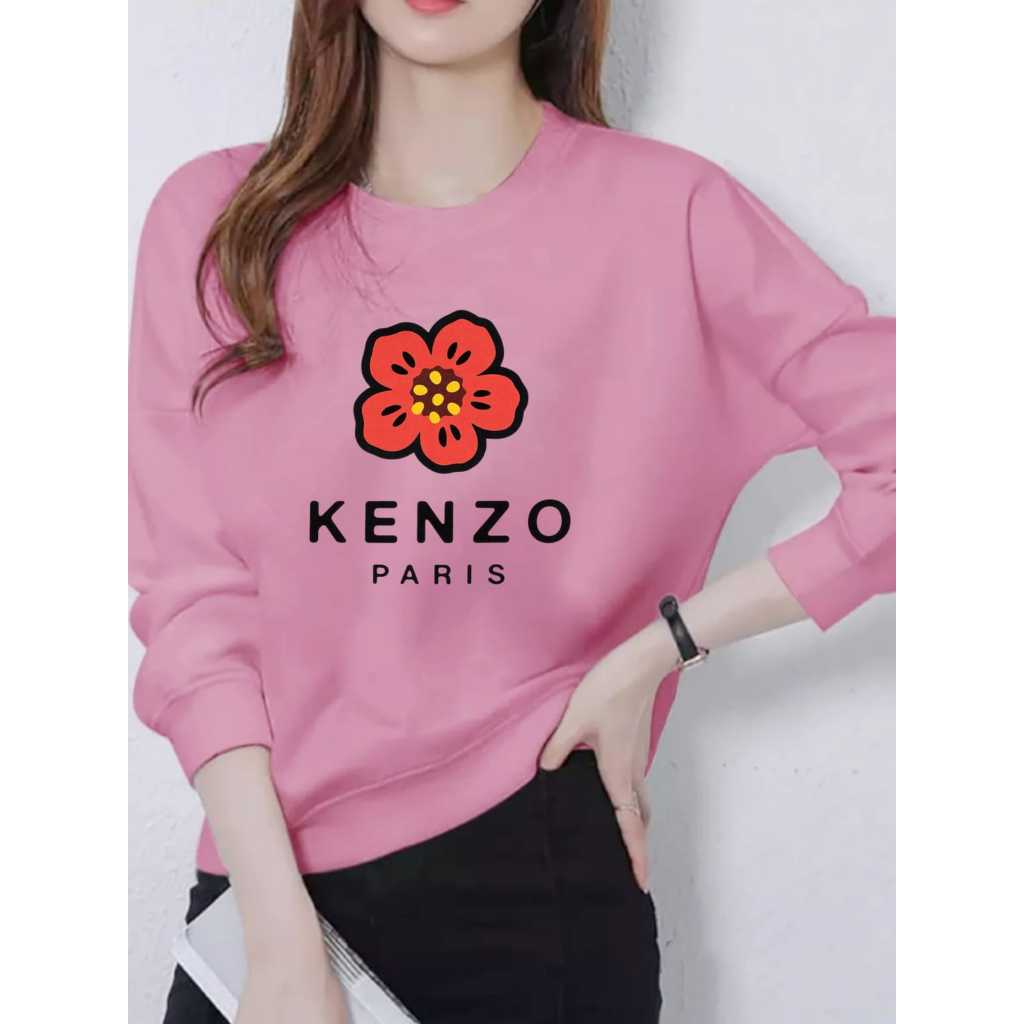 Kaos Atasan Lengan Panjang Wanita Dewasa Motif Kenzo Paris Flower Kekinian Kaos Long Sleeve Crewneck