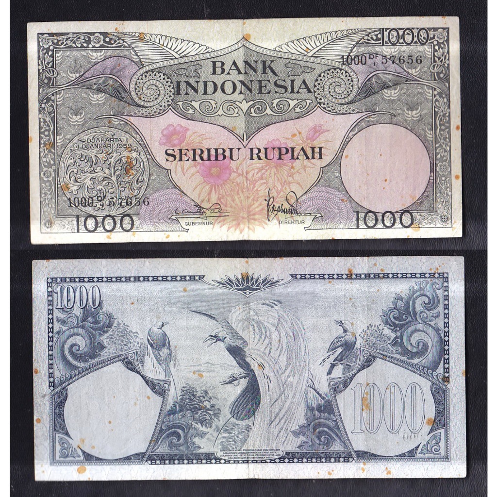 Uang kuno 1000 rupiah tahun 1959 "seri Bunga dan Burung ... S/N → DF 57656
