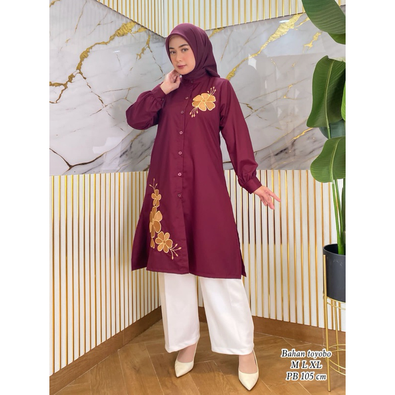 COD LONG TUNIK BUNGA BORDIR BAHAN TOYOBO//BUSANA WANITA LONG TUNIK BAHAN TOYOBO FODU
