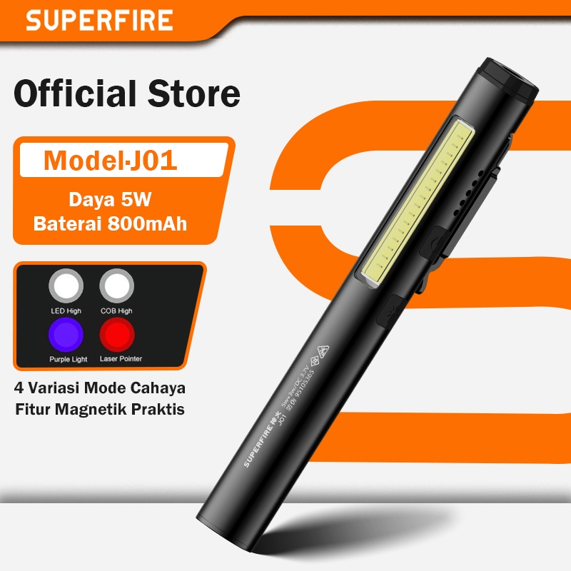 Senter Laser SUPERFIRE J01 4 IN 1 UV LED COB Pointer Merah USB Rechargeable Jangkauan Jauh Daya