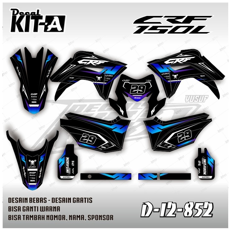 Decal CRF 150l Sticker Striping Stiker CRF 150 L Motif simpel hitam kombinasi gradasi biru ungu