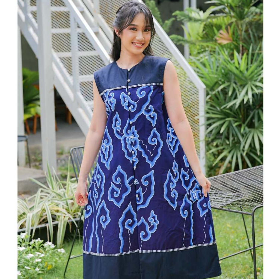 BATIK TRUSMI Atasan Dress Batik Wanita Batik Tulis Mega Mendung Tulis Premium Elara Biru MYD