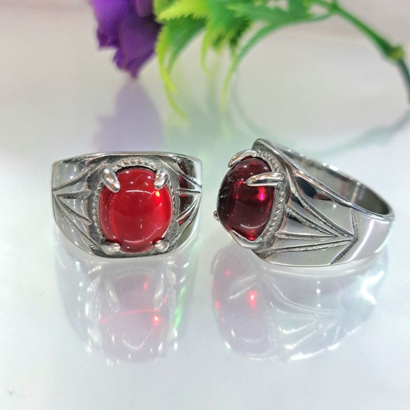 Cincin Pria Batu Akik Merah Siam Titanium Anti Karat Tidak Luntur (49)