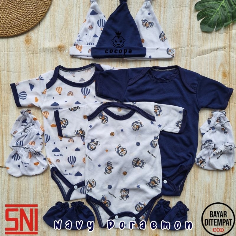 COCOPA BABY 4IN1/18PCS NAVY DORAEMON Paket Jumper Bayi paket Bodysuit Bayi Set Topi Bayi sarung tang
