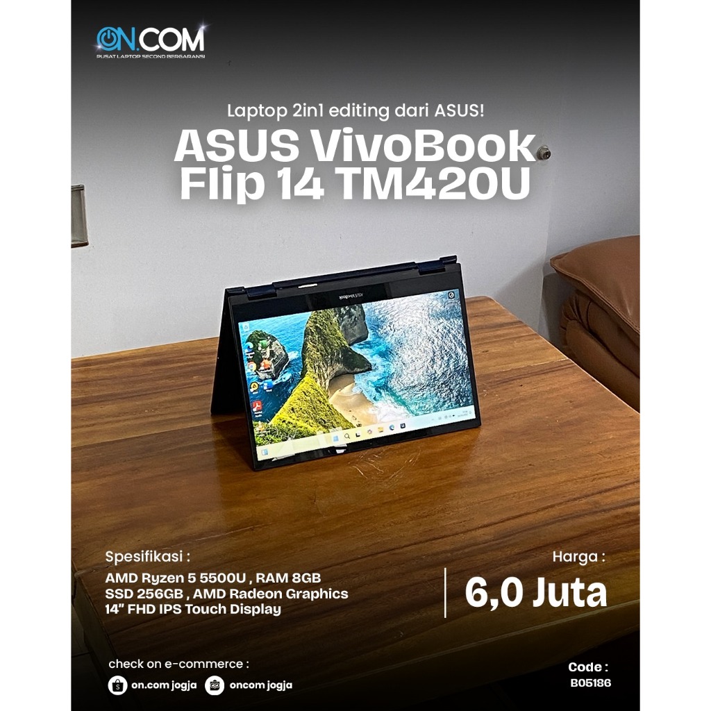 ASUS VivoBook Flip 14 TM420U/AMD Ryzen 5 5500U/RAM 8 GB/SSD 256 GB/Garansi Toko 1 Bulan