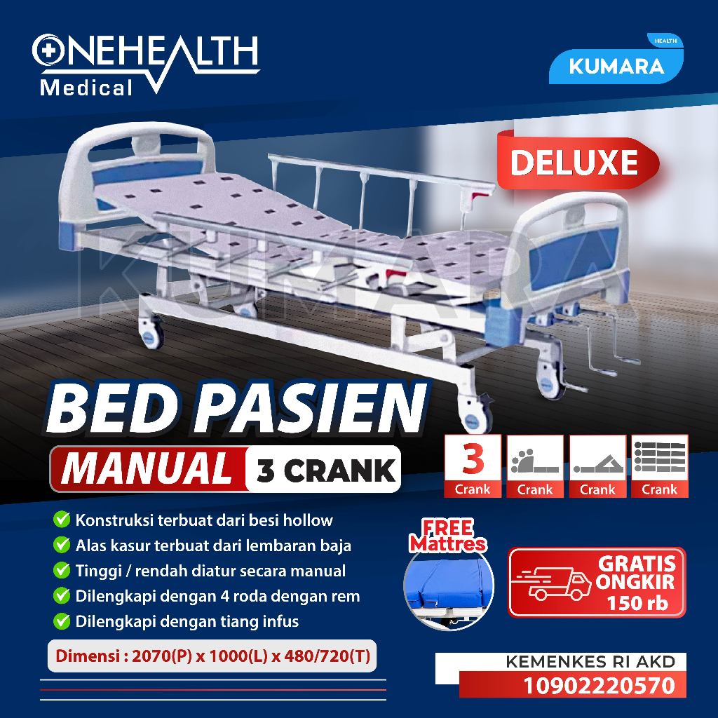 ONEHEALTH - Hospital Bed Manual 3 Crank Delux / Bed Pasien Manual3 Engkol