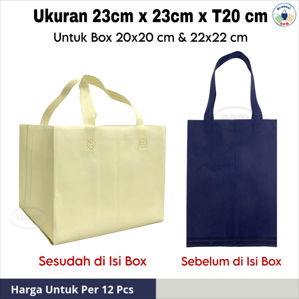 

Tas Spunbond Kotak Ukuran Luar 23cm x 23cm x T20cm Untuk Box 22x22 cm