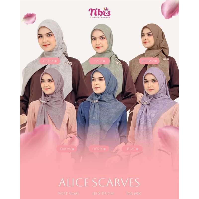 Nibras Hijab Segi Empat Motif Premium Alice Scarves | Hijab Printing Premium | Hijab Motif Kekinian 
