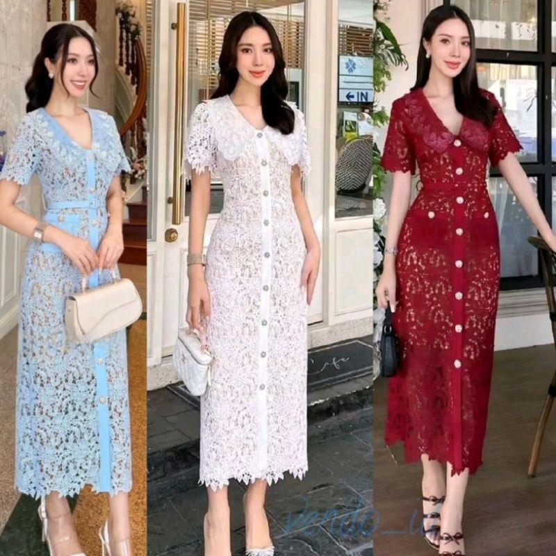 ruffle collar sleeve lace brukat dress midi dress sister photoshoot europe paris gaun pesta wedding 