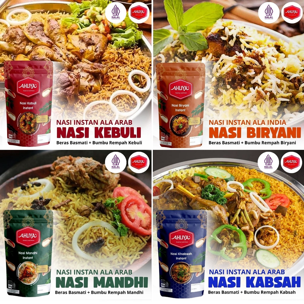 

Nasi Kebuli Biryani Mandhi dan Kabsah 4 varian rasa dengan bumbu instan original enak halal dan BPOM