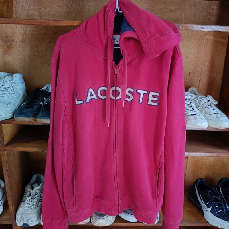 Size L Pria | Lacoste Big Logo Sweater Hoodie Jumper Zipper Merah Second Original