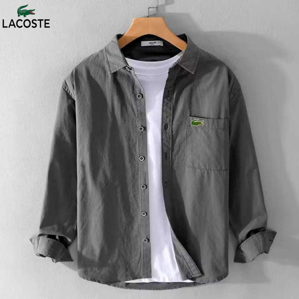 LACOSTE Kemeja Pria Bordir Kemeja Pria Polos Lengan Panjang