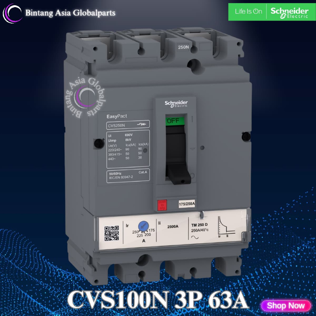MCCB 3 Phase 63 Ampere Schneider LV510475 Original / MCCB 3p 63a 50kA CVS100N / Breaker 3 Pole 63a C