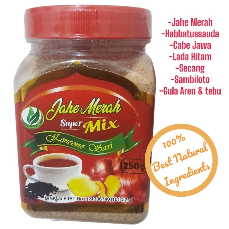 

Jahe Merah Super Mix Kencono Sari Bubuk 250 gram, Minuman wedang instan Sehat dan Nikmat