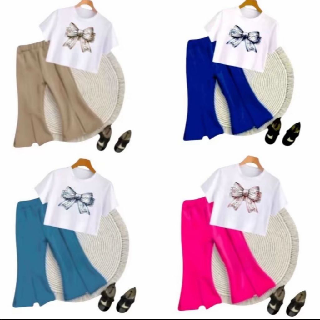 SETELAN BAJU ANAK PEREMPUAN LENGAN PENDEK CELANA KULOT 1-8 TAHUN OOTD ANAK PEREMPUAN BAJU MOTIF PITA