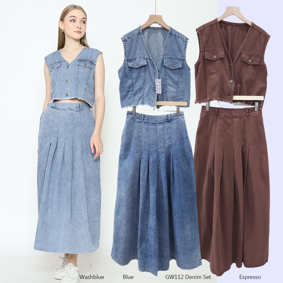 GW 112 DENIM SET SKIRT Baju Setelan Atasan Vest Rompi Bawahan Rok