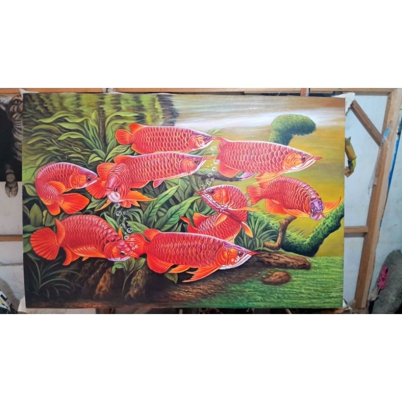 lukisan 9 arwana oil on kanvas ukuran 1,5x1 meter lukisan asli buatan tangan no print