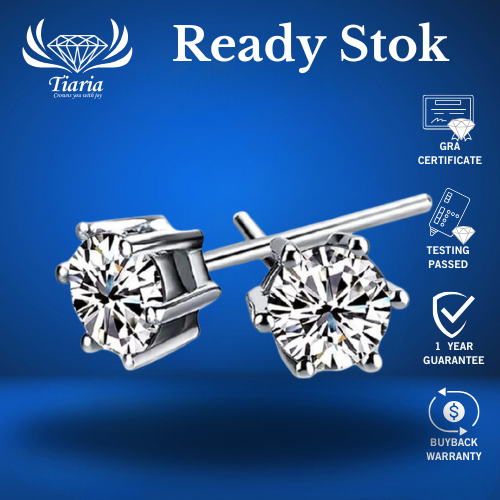 Anting - Moissanite Diamond VVS GRA on 9K White Gold and Anti Alergic Coated Silver Color Tiaria Jew