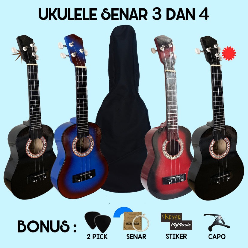 Ukulele Soprano Senar 3 dan 4 Bahan Kayu