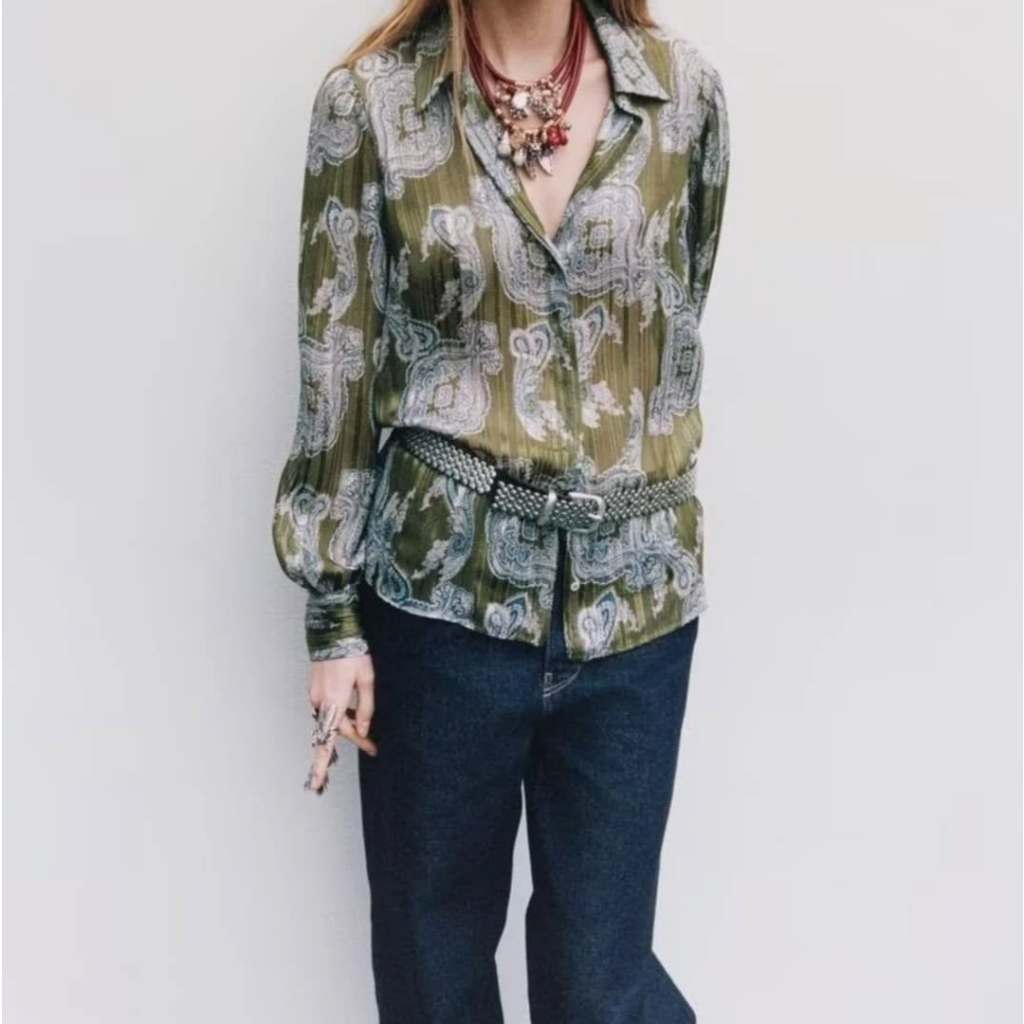 77457 - Green Retro Pattern (S,M,L) Blouse