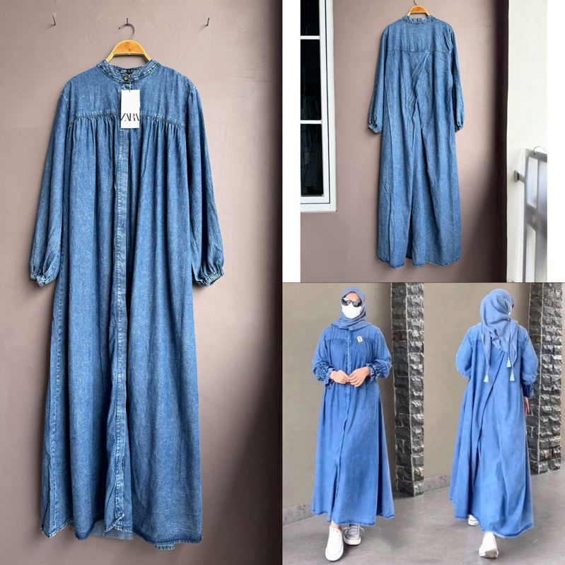 gamis jeans import, dress denim premium, busui friendly, gamis murah, dress jeans import, gamis deni