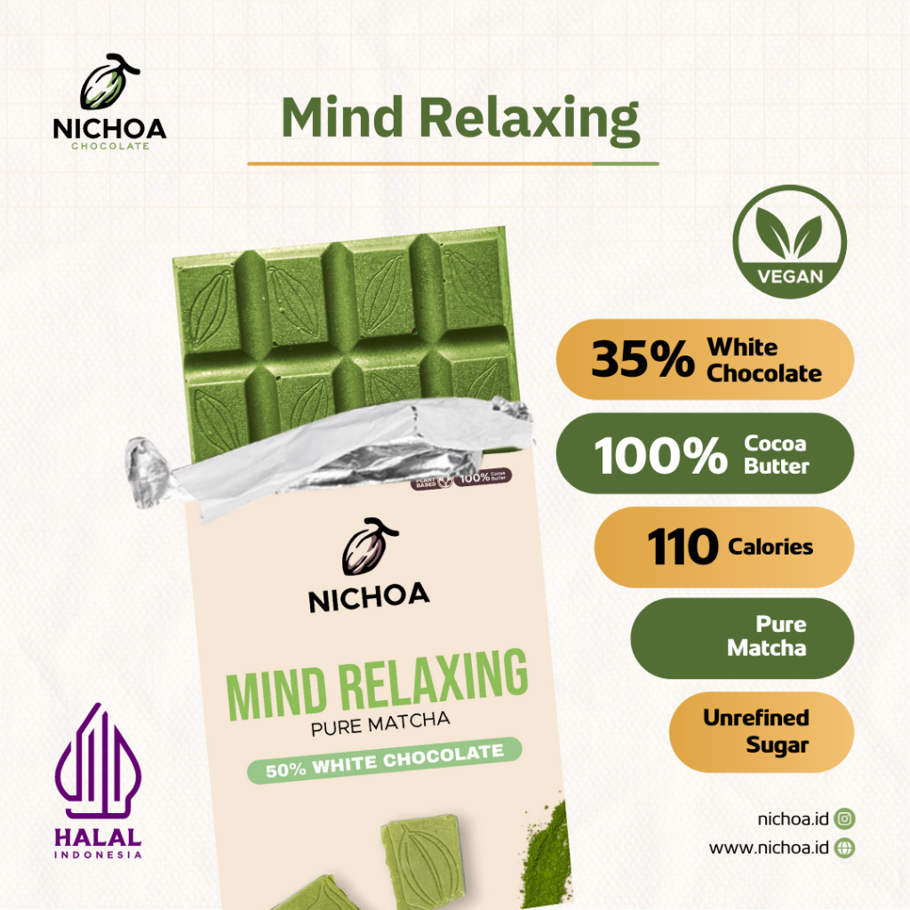 

Nichoa - Mind Relaxing (Matcha) 50% White Chocolate - Plantbased - Dairy Free - Vegan Friendly