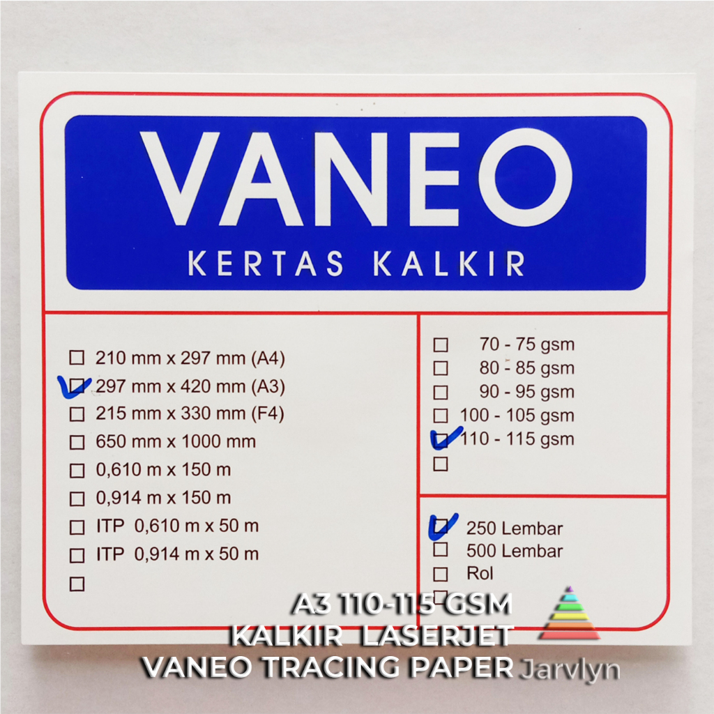 

JARVLYN - VANEO KERTAS KALKIR A3 110/115 GSM ECERAN LASERJET TRACING PAPER ARSITEK SABLON STENCIL