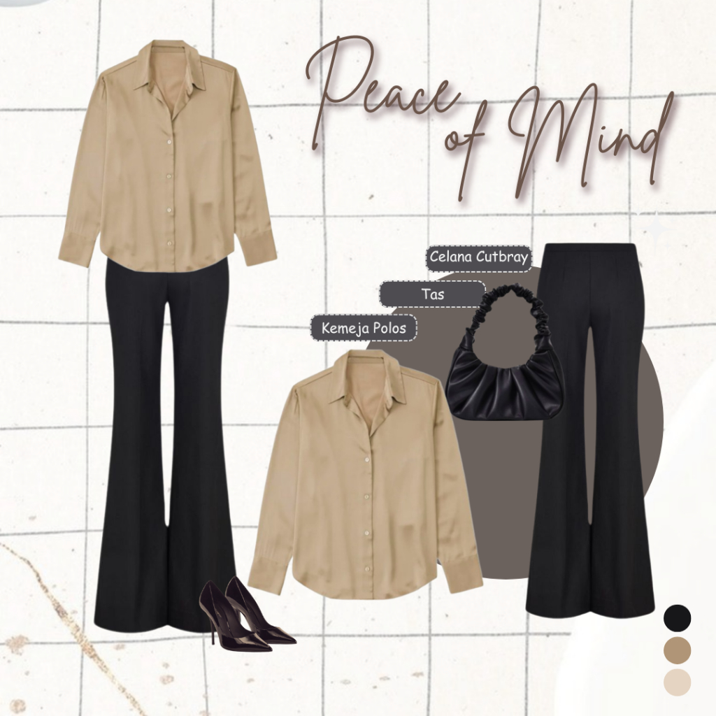 One Set Wanita Terbaru_Kemeja Wolfis Cream+Celana Cutbray Hitam+Tas Kulit Sintetis Hitam_UW014