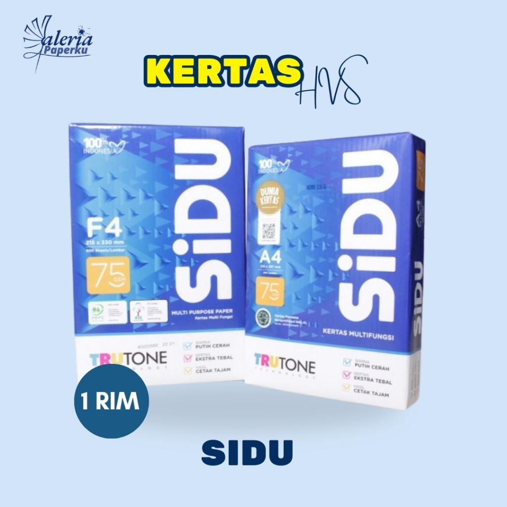 

KERTAS HVS SIDU A4 / F4 75 GSM 1 RIM (ISI 500 LEMBAR) | KERTAS HVS A4 F4