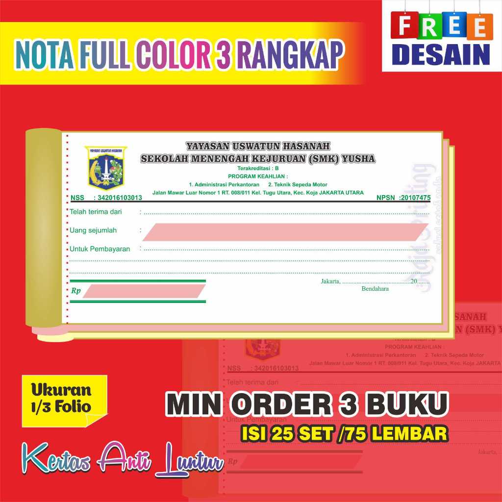 

Cetak Nota Full Color 3 rangkap free design ukuran 1/3 folio