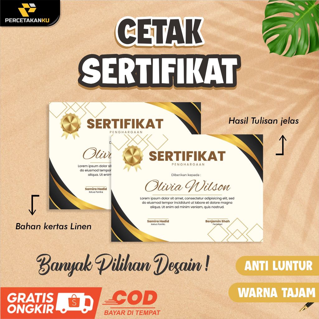 Cetak Sertifikat Kertas Linen