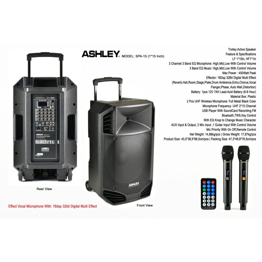 SPEAKER ACTIVE PORTABLE WIRELLES ASHLEY SPA-15 15 INCH