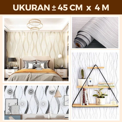 Wallstiker Wallpaper Dinding Ruangan Motip Gelombang Warna Cream Silver Wolpeper Salur Cakra Gold