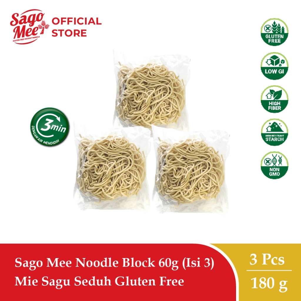 

Sago Mee Gluten Free Mie Instan Noodle Block 60g (Triple Pack) Mie Sagu Seduh Tanpa Cup Tanpa Bumbu