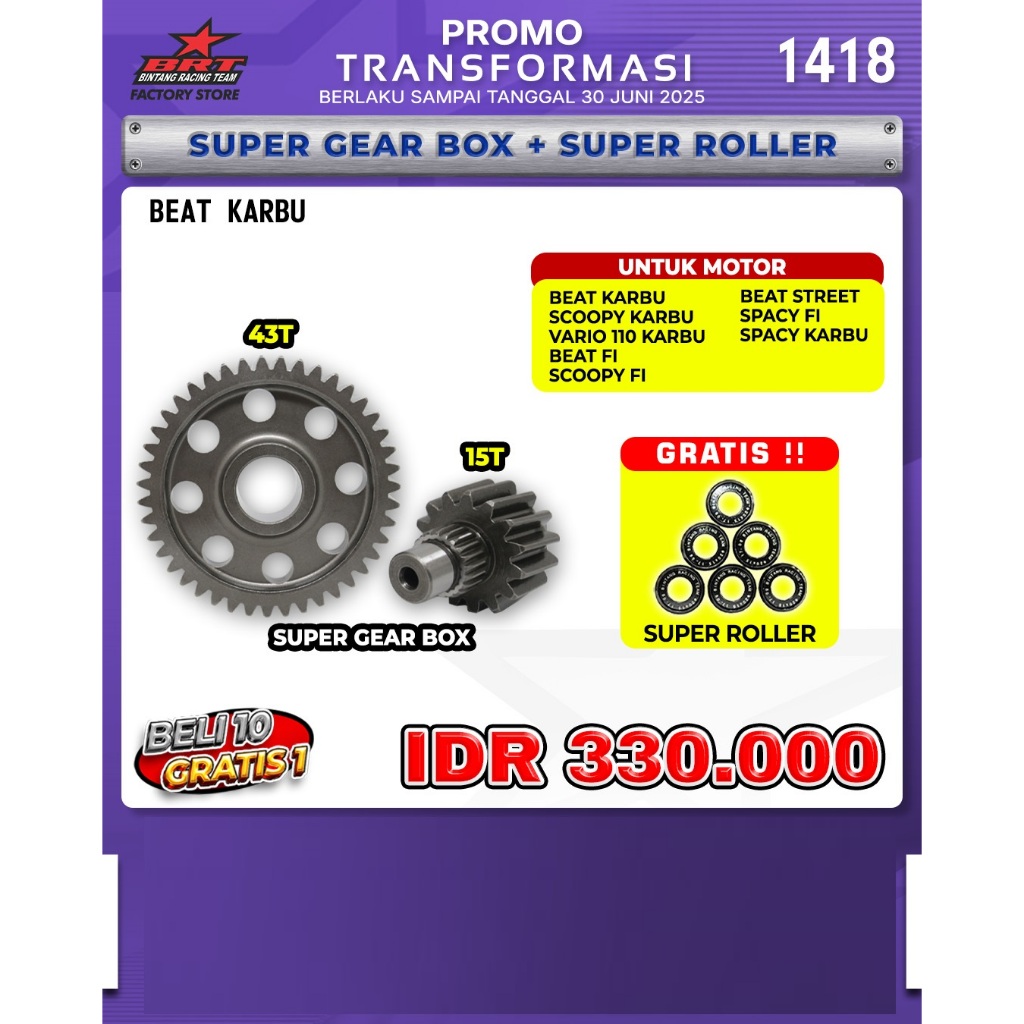 SUPER GEAR BOX/GIGI RASIO 43T 15T BRT - BEAT KARBU/SCOOPY KARBU/VARIO 110 KARBU/BEAT FI/SCOOPY FI/SP