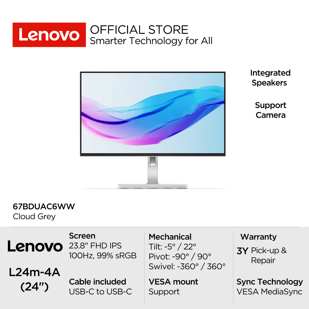 Lenovo Monitor L24m-4A 67BDUAC6WW Cloud Grey 23.8" FHD IPS 250nits 48Hz-100Hz 99% sRGB Antiglare VES