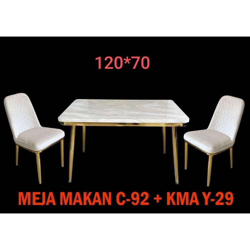 Meja Makan Marmer 4Kursi - Kaki Stainless Gold - Fullset - 120x70cm - Beige