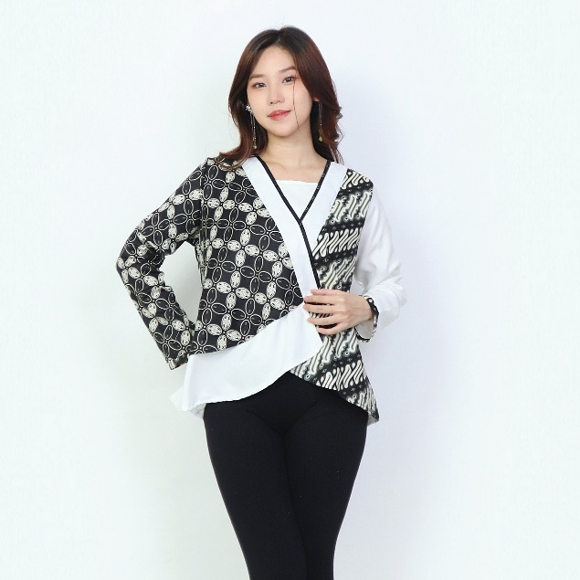 Batik Wanita - Atasan Batik Wanita Kerja Kombi Putih 561