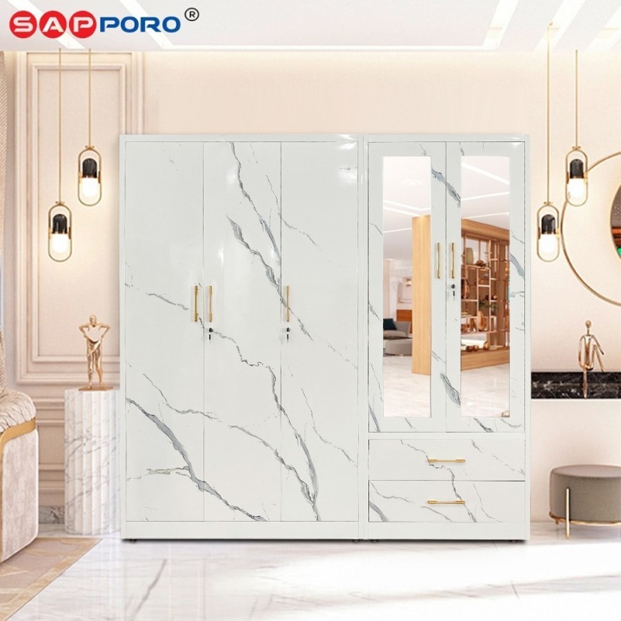 SAPPORO CESENA - Lemari Pakaian Besi 5 Pintu Motif Marmer Fitur Brankas