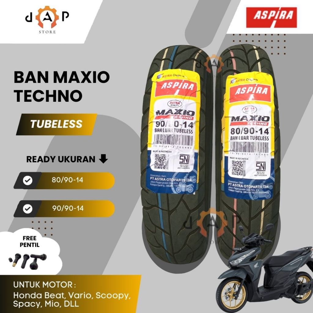 Ban aspira tachno 80/90 90/90 ring 14 buat motor mio, beat, vario ban depan belakang sepasang