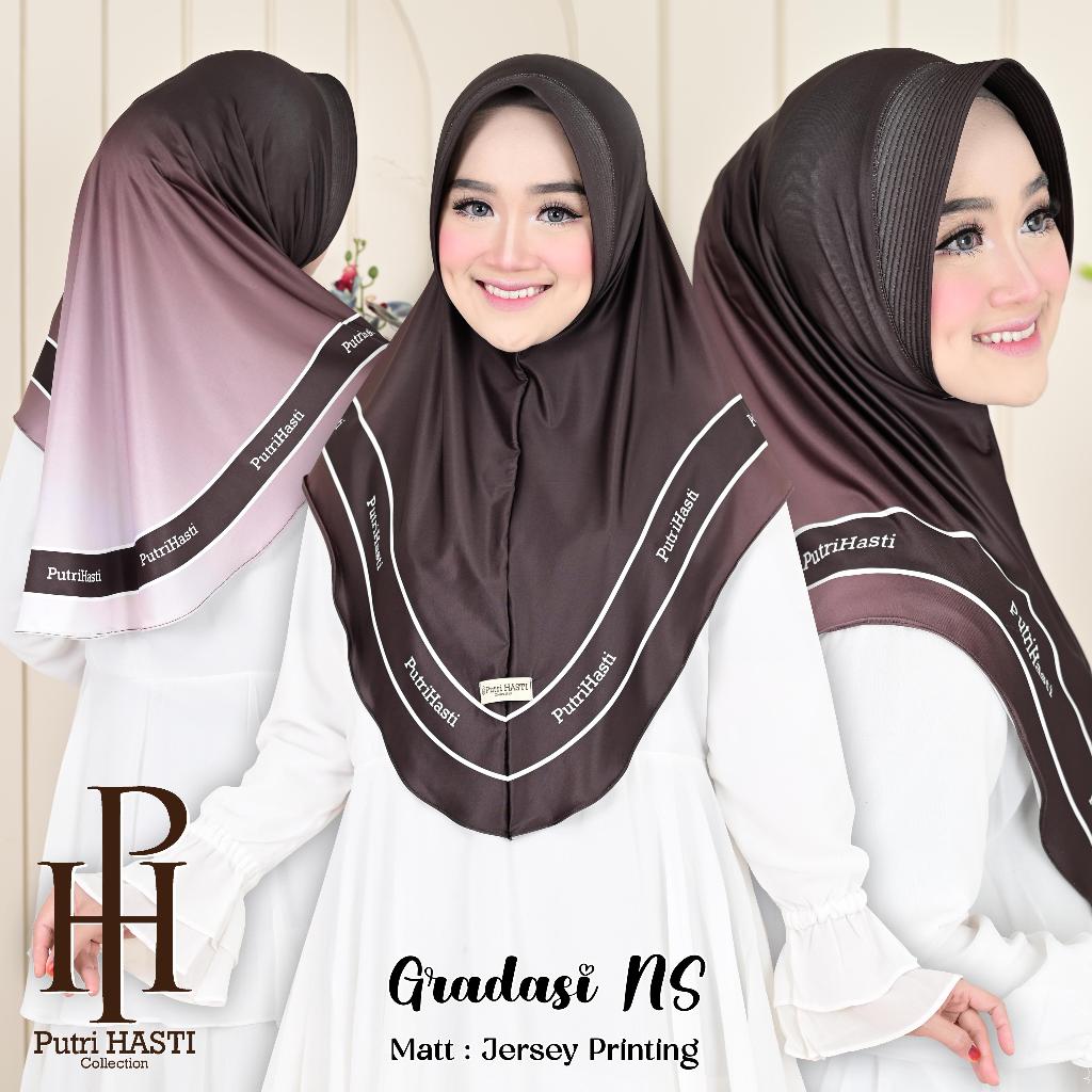 PUTRI HASTI Hijab Bergo Motif Printing Jilbab Instan Pet Jersey Premium Gradasi NS