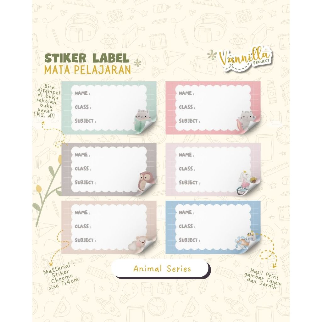 

40 PCS STIKER MATA PELAJARAN STIKER LABEL NAMA SEKOLAH CUTE ANIMAL