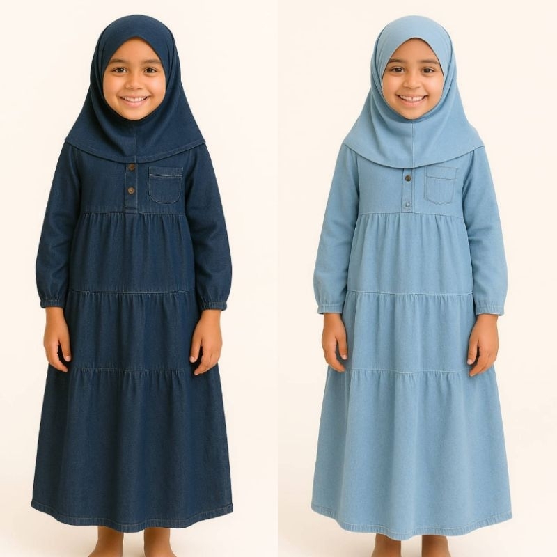 Gamis Soft Jeans Anak Perempuan LXL 81012/ umur 4tahun, 5-6 tahun 7-8 tahun,Umur 7-8 tahun, 9-10 tah