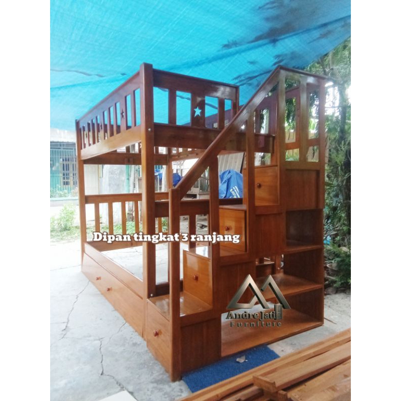 Dipan tingkat anak - ranjang susun anak- kayu jati- tangga laci