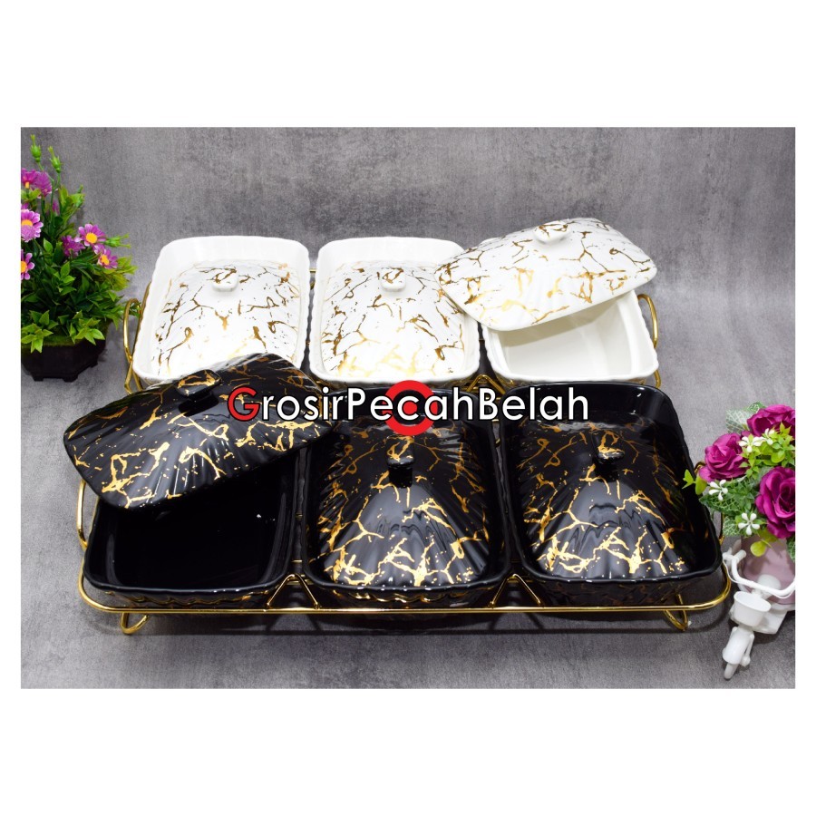 Wadah Saji Penghangat Casserole Basi Set Motif Marble Fiorenza 988