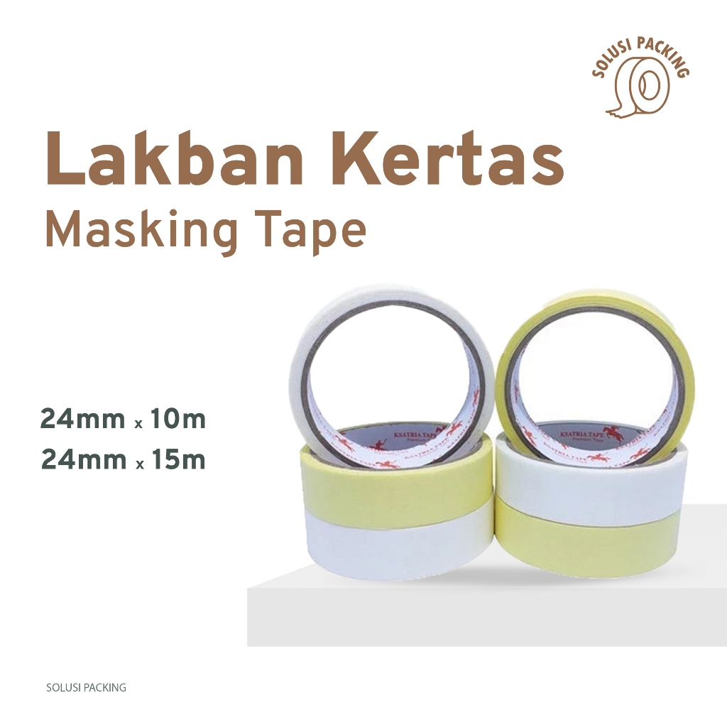 

Masking Tape Kertas Ksatria Kertas Premium 24mm x 15m 10m 1 Slop ( 6 Roll ) Kuning Putih | SOLUSI PACKING