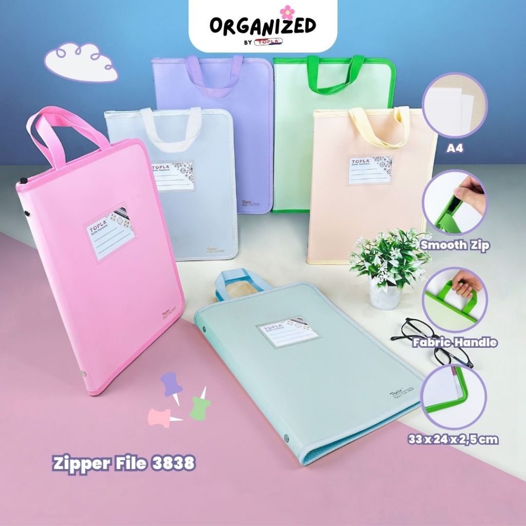 

Topla zipper bag 3838T map kertas berkas tenteng sekolahan anti air ukuran a4 warna pastel anti air