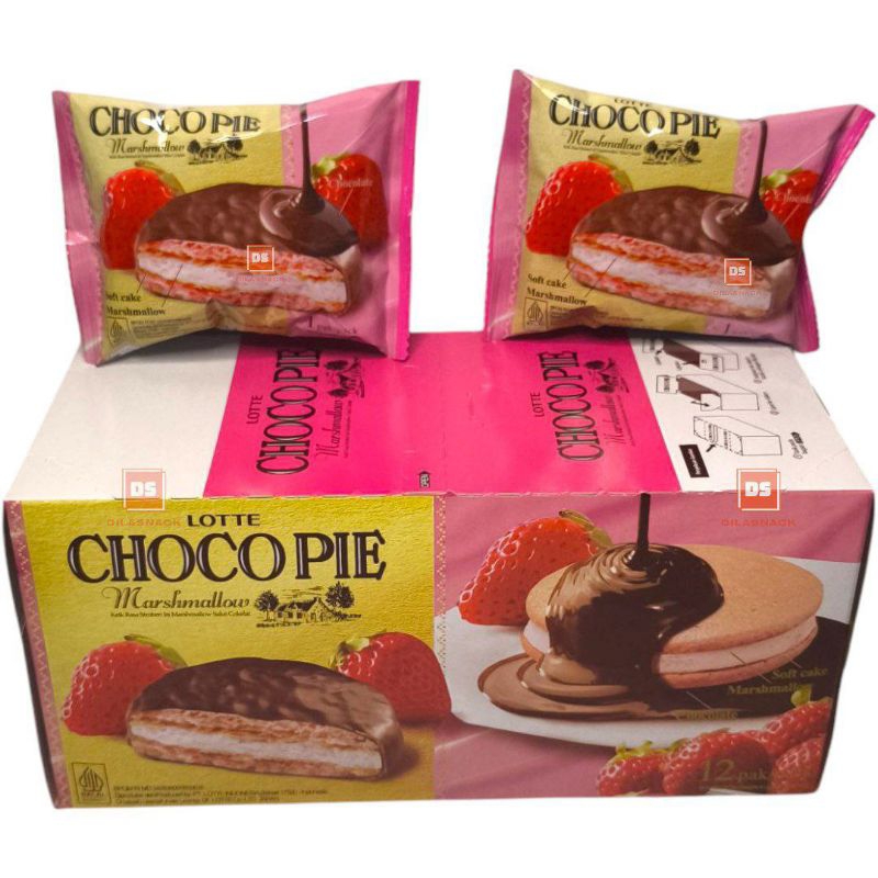 

Lotte choco pie stroberi chocopie baru choco Pai rasa strawberry choco pie marshmallow Keik rasa stroberi isi marshmallow salut coklat